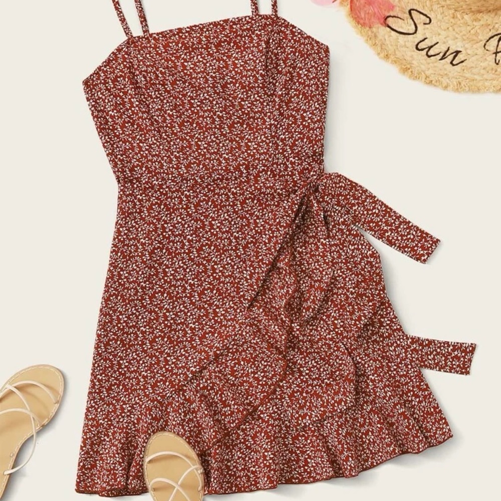 SHEIN Ditsy Floral Print Ruffle Detail Wrap Knot Slip Dress